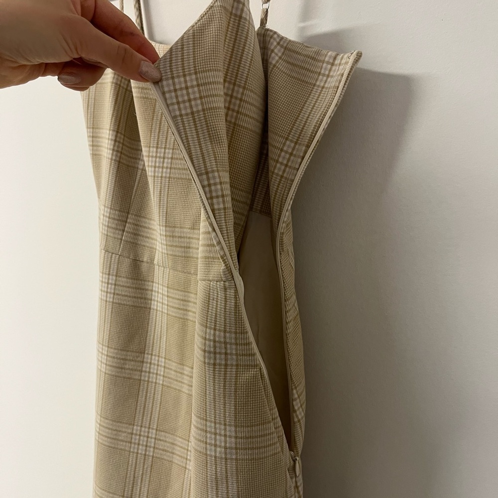 Wilfred Aritzia Isabelle Plaid Mini Dress Tan Cream Slip Cami Size 4 - Picture 5 of 11